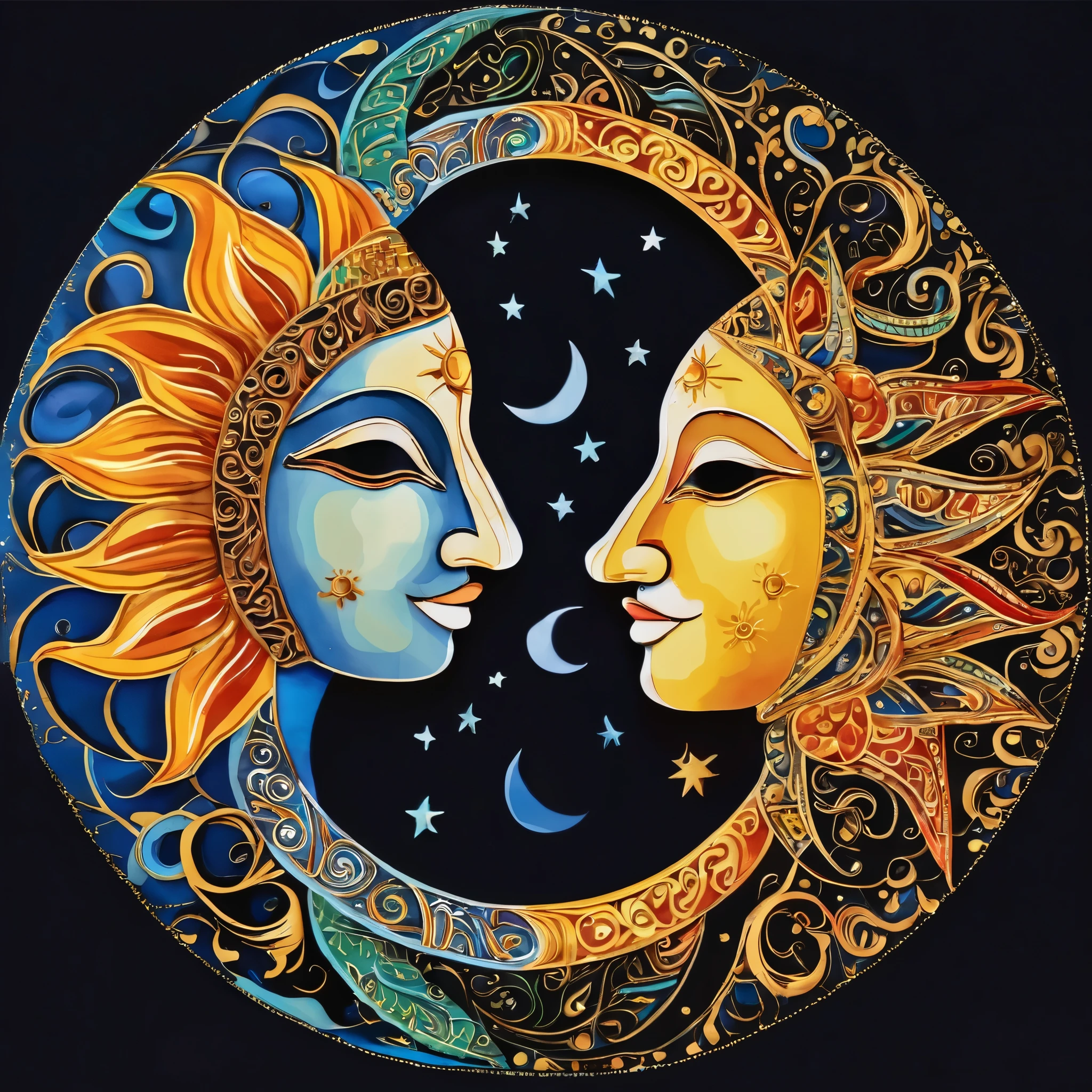 A fabric painting style image of sun and moon half of each of them combined together side by side. Dark background with beautiful patterns.