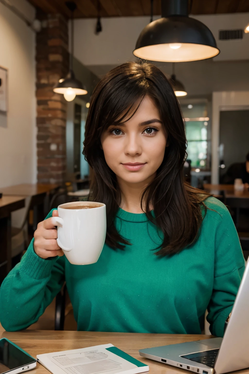 woman sitting at the table with a laptop and a cup of coffee