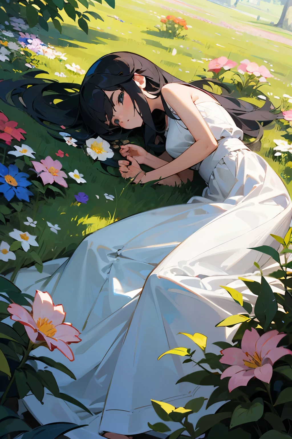 A girl in a long skirt lies flat on the lawn,There are various flowers and plants around。Half of her face is covered with flowers。The body was gradually pulled down by many hands extending from the ground.。