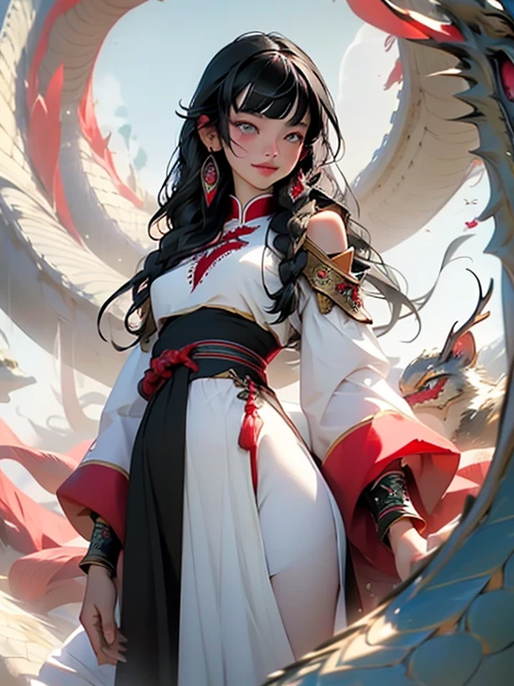 Standing inside an intricately decorated yurt, warm atmosphere, Mongolian girl, open shirt revealing small breasts, slim waist, slender thighs, oval face, small nose, smooth high cheeks flushed pink, pink lips, beautiful and kind amber eyes, soft and fantastic, finely detailed beautiful eyes, Jet-black silky hair in French braid, black hair like a spring, braided, beautiful, elegant, smile, iridescent long hair, bangs, bow, hair bow, long sleeves, frills, bowtie, (red and black:1.4), deep focus cinematography effect, sharp focus, intricately detailed, awesome full color, ethereal background, abstract beauty, golden ratio, concept art, intricate details, high resolution, highly detailed, nostalgia, romantic, 64k, award winning illustration, Chinese traditional ink painting, realistic light, ultra-detailed, high quality concept art, inspired by Kubla Khan.
