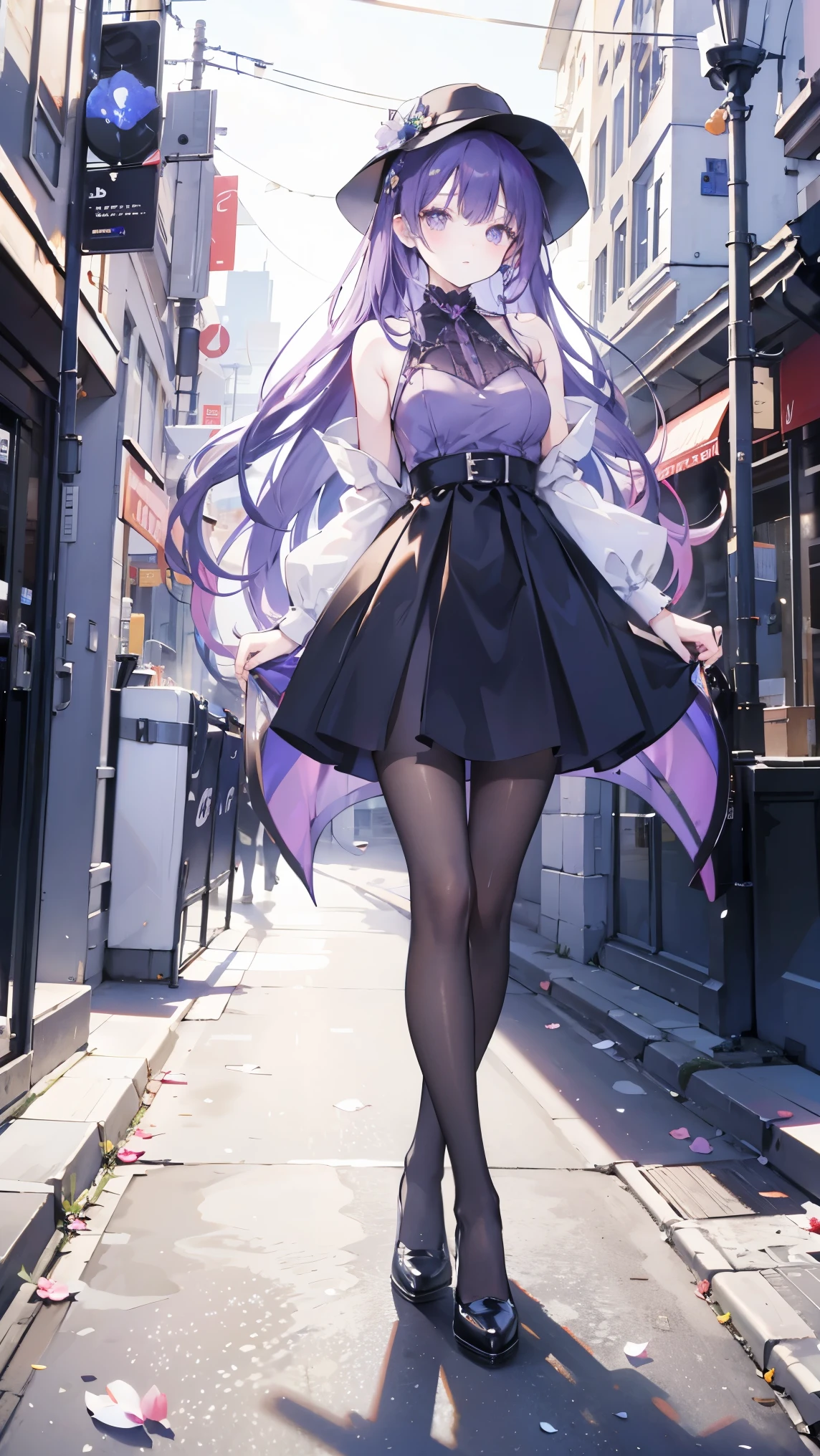 1 beautiful vampire woman dark dress, purple top, full body, black pantyhose, best quality, 8K, outdoor, dark petals falling