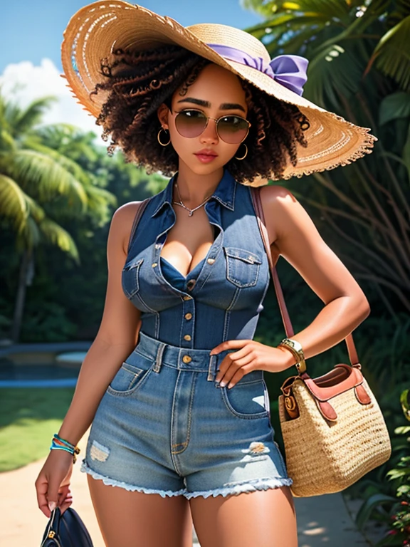 Realistic photo of a beautiful black woman, 1girl, solo, breasts, looking at viewer, short hair, dark hair, dark skin, shirt, hat, holding, cleavage, jewelry, medium breasts, standing, outdoors, shorts, sleeveless, bag, blurry, bracelet, lips, blurry background, going to work, profesional dress, sunglasses, denim, handbag, realistic, straw hat, afro, high-waist shorts, soft lighting, professional Photography, Photorealistic, detailed, RAW, analog, sharp focus, 8k, HD, high quality, masterpiece