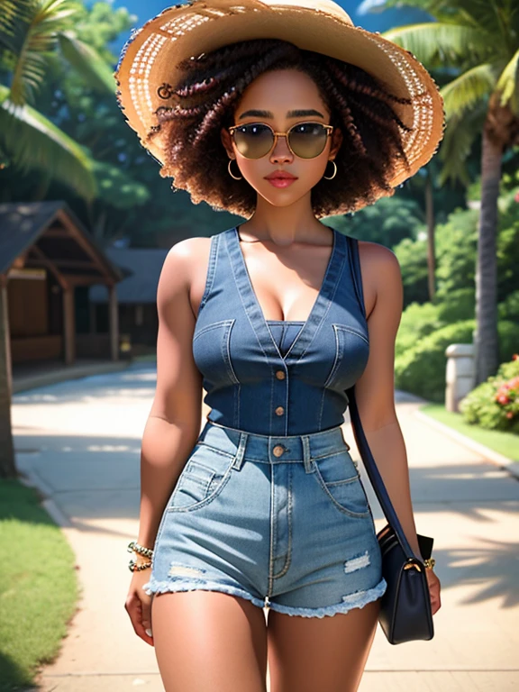 Realistic photo of a beautiful black woman, 1girl, solo, breasts, looking at viewer, short hair, dark hair, dark skin, shirt, hat, holding, cleavage, jewelry, medium breasts, standing, outdoors, shorts, sleeveless, bag, blurry, bracelet, lips, blurry background, going to work, profesional dress, sunglasses, denim, handbag, realistic, straw hat, afro, high-waist shorts, soft lighting, professional Photography, Photorealistic, detailed, RAW, analog, sharp focus, 8k, HD, high quality, masterpiece