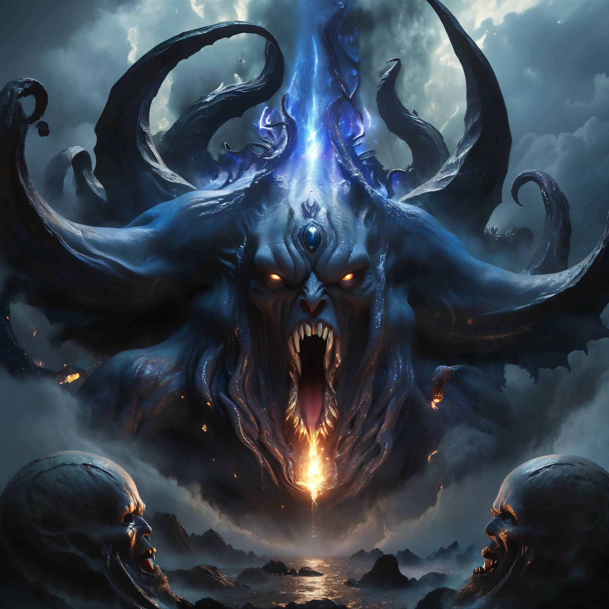 (best quality,4k,8k,highres,masterpiece:1.2),ultra-detailed,(realistic,photorealistic,photo-realistic:1.37),Giant demons with three faces from another dimension summoned from the magic circle, cosmic horror, deformed heads with tentacles and twisted horns, a tremendous number of huge fangs, long sharp claws, a long tail, a terrifying figure clad in blue flames, overwhelming violence that brings the world down into chaos, liberation of imagination, breaking the limits, creation of a new world (amazingly powerful and realistic composition by Greg Rutkowski:1.2),(NSFW:1.5), (It has an organ on its head that looks like the external genitalia of a female:1.8), Death mask of a beautiful girl