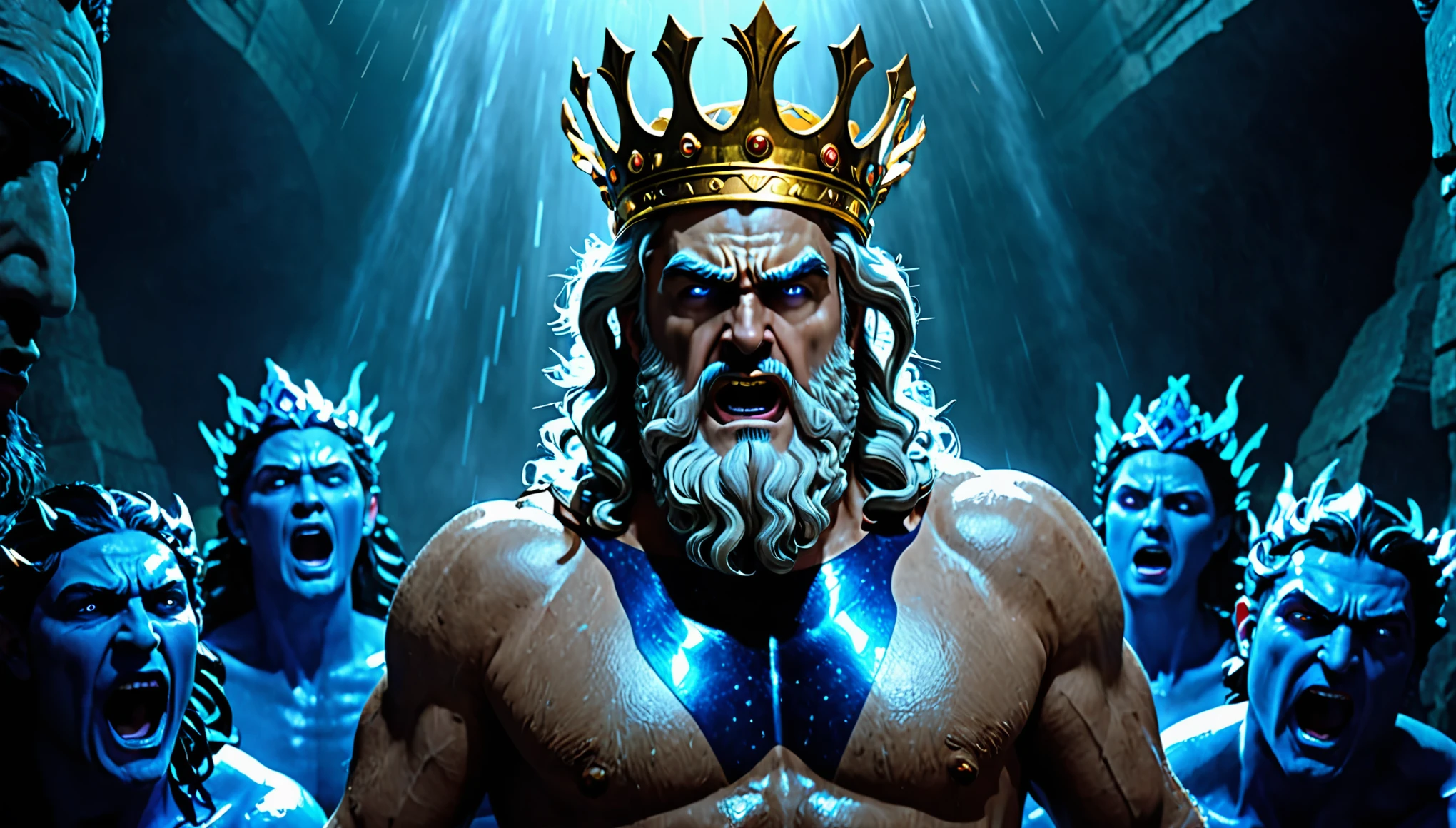 Zeus overpowering Cronus, (best quality, 4k, 8k, highres, masterpiece:1.2), professional full-length movie shot, with ultra-detailed characters and realistic facial expressions. Zeus has a commanding presence, with thunderbolts crackling in his hands. His eyes emit a brilliant, electric blue glow, and his face is adorned with a majestic golden crown. Cronus is shown in agony, his face twisted in pain, as he vomits out his siblings - Poseidon, Hades, Hestia, Demeter, and Hera. The scene is depicted in a dark and eerie underground chamber, with the light dramatically highlighting the faces of the characters. The colors are vibrant and saturated, evoking a sense of power and intensity. The overall atmosphere is ominous and suspenseful, with shadows and smoke adding to the mysterious ambiance. The lighting is dynamic, casting dramatic shadows and creating a sense of depth and dimension.