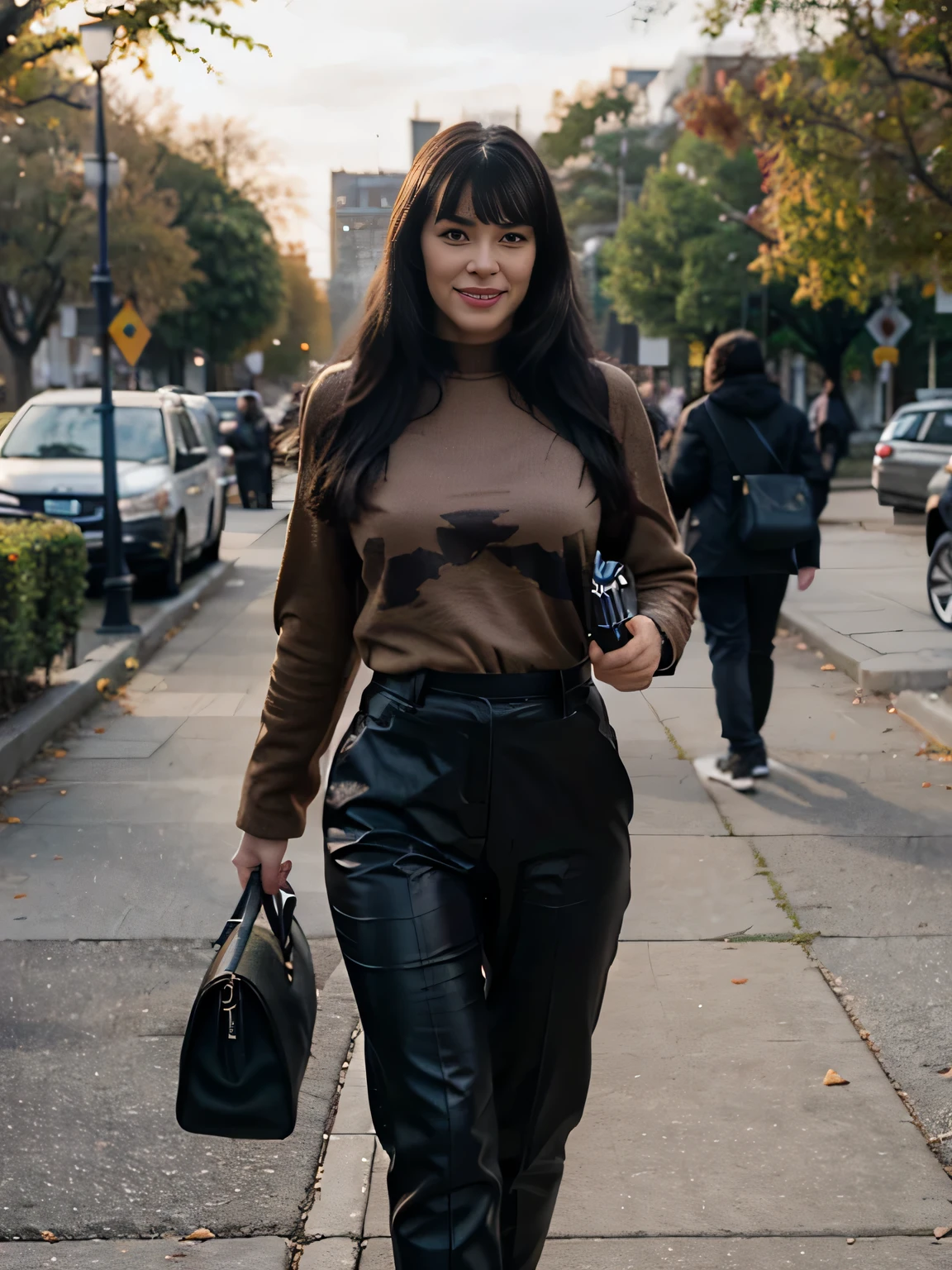smiling Bettie Page walking in the park. Close photo. Long black hair. Wearing maxy brown coat, brown leather gloves, trousers and pulover. handbag over her shoulders,Winter. Perfect slim body anatomy. Photorealistic. Realistic colors. Realistic lights. Masterpiece. Realistic anatomy. Highly detailed. Realistic details. High quality.