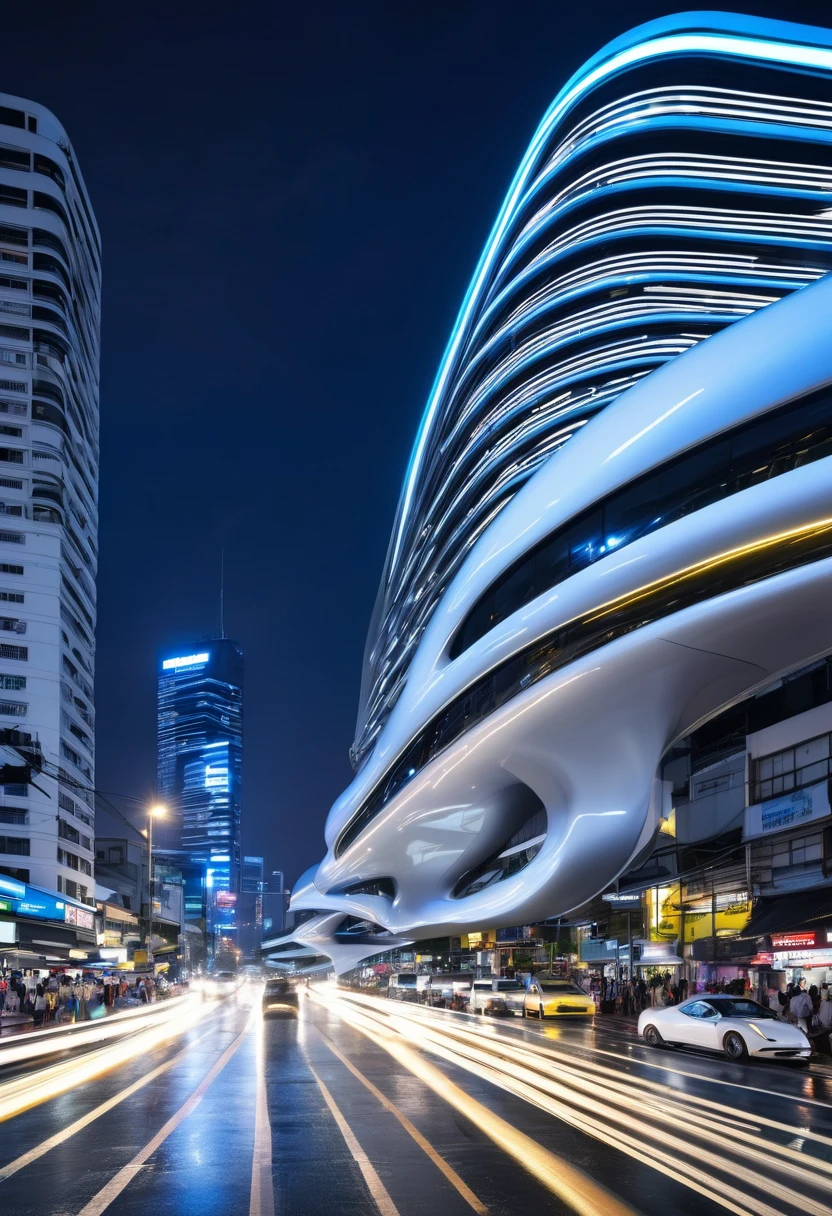 view of a futuristic building with a curved roof, zaha hadid style architecture, zaha hadid architecture, in style of zaha hadid architect, inspired by Zaha Hadid, by Zaha Hadid, architecture zaha hadid, portal, a few cars are driving down a busy city street at night, busy cityscape, busy city, busy city on background, traffic with light trails, bustling city, busy streets, bangkok, in busy city, busy street, high quality image, bangkok townsquare, thailand, long exposure outside the city, busy wet street at night, photography shot at blue hour, charging through city