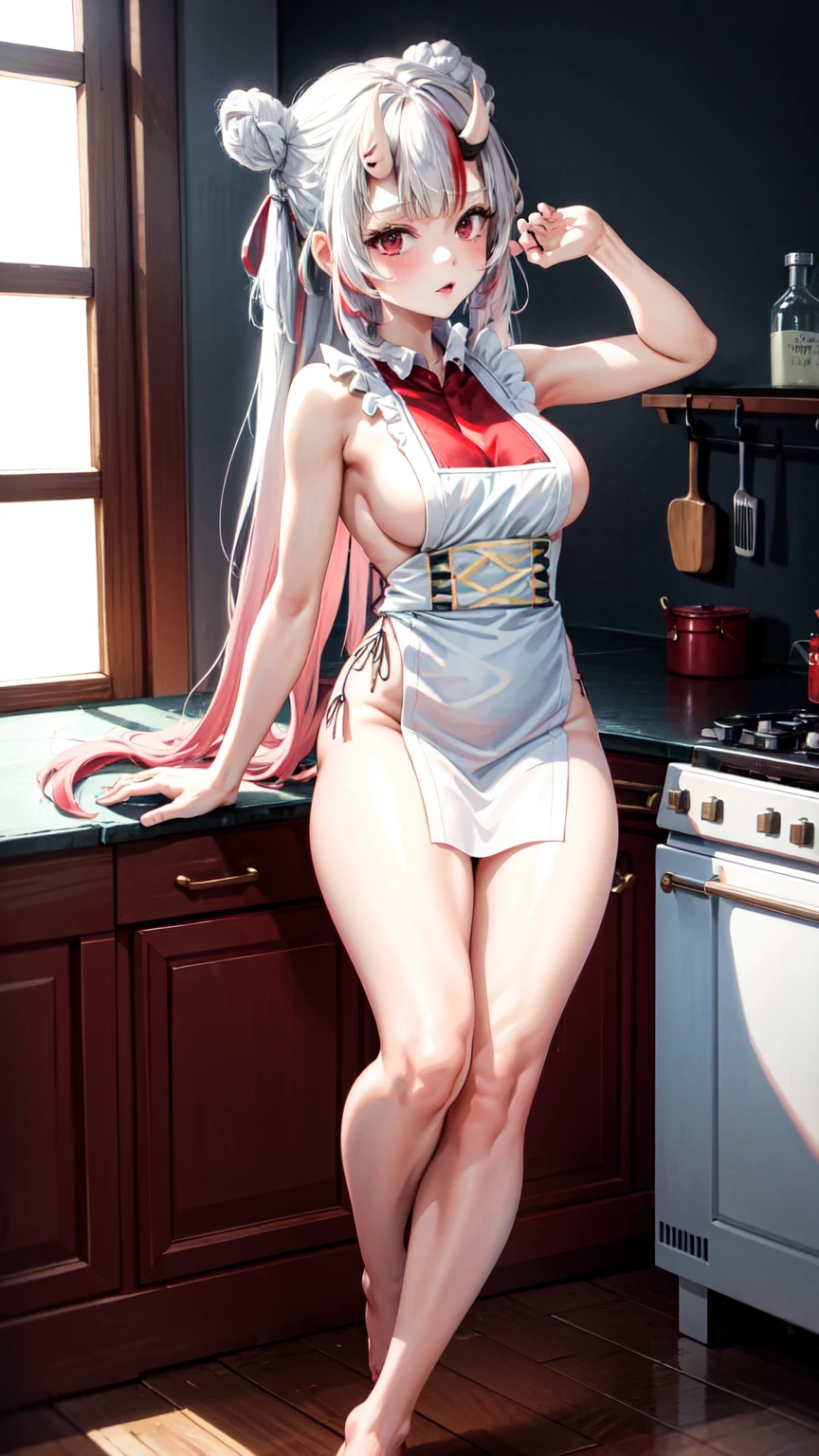 (masterpiece:1.3),(highly detailed:1.3),(highres:1.1),best quality,Ultra-detail,1girl,solo,kitchen,jelofolkwang,naked apron,((white apron)),ass,sideboob, unclear clothes , white pantie, ((perfect body)), salon,NSFW