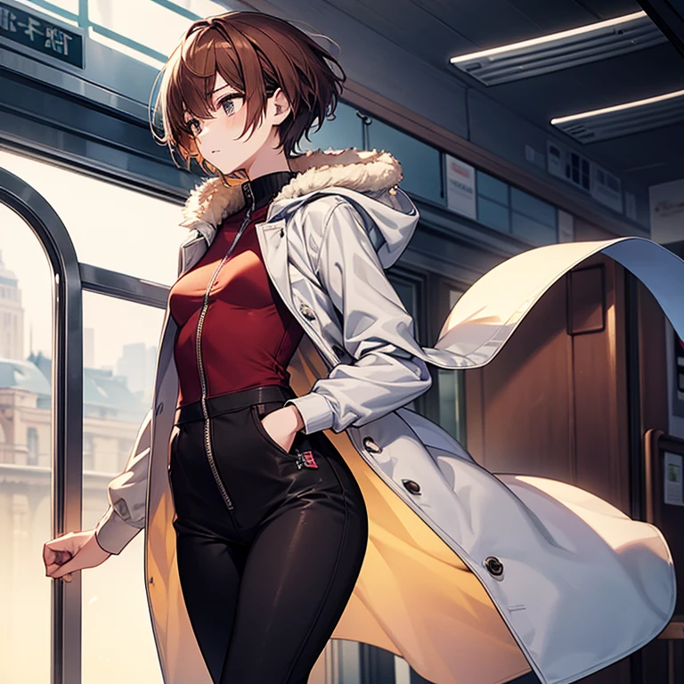 masterpiece、ephemeral、delicate details、On a city train、headphone、Slender beauty、tall、slim、I like the style、small breasts、Sharp Eyes、older sister、pixie cut、long side、short nape、Oversized zip-up mountain parka、Tight skinny pants、Thick-soled boots、Reddish brown hair、