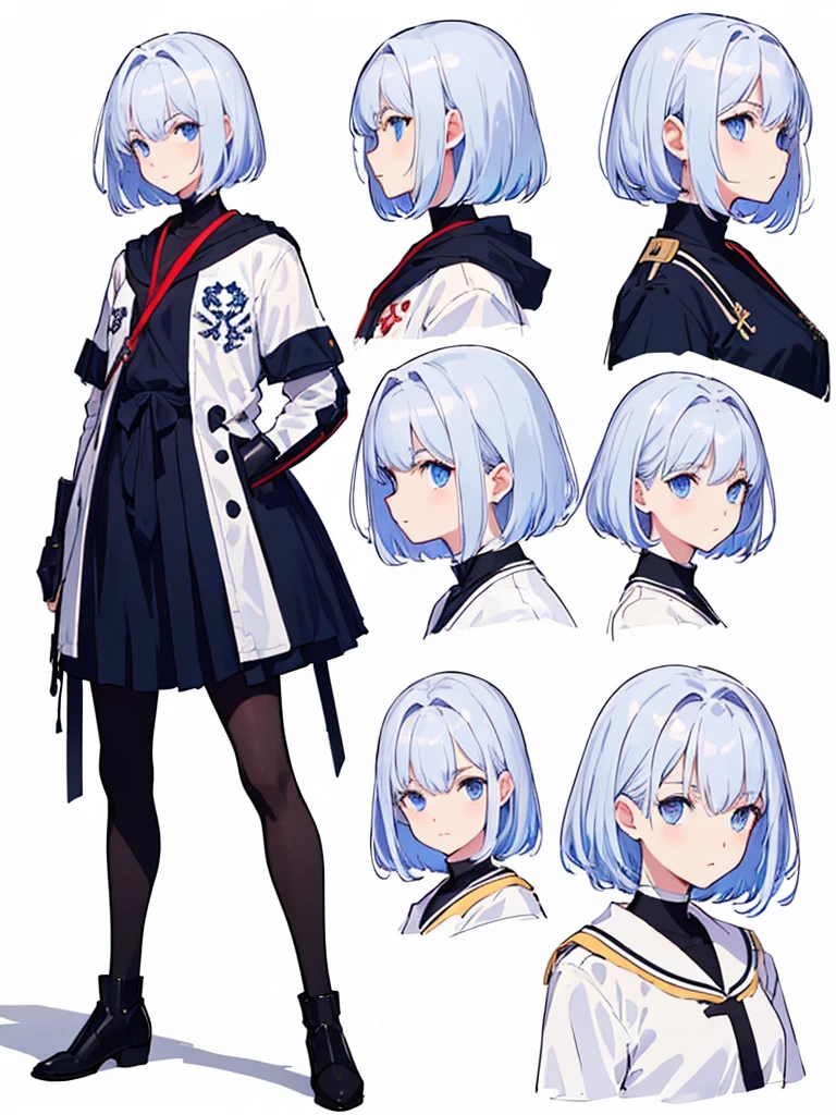 (masterpiece:1.2, highest quality),(Colored Background) (Beautiful detailed eyes: 1.2), (Highly detailed CG Unity 8K wallpaper, masterpiece, highest quality, Super detailed, best shadow), (detailed background), White jacket short hair, ,arms(gauntlet),solo ,pale hair,Pale eyes,1girl, sketch (Character design sheet, same character, full body, Three-View, front, ~ side, return), solo