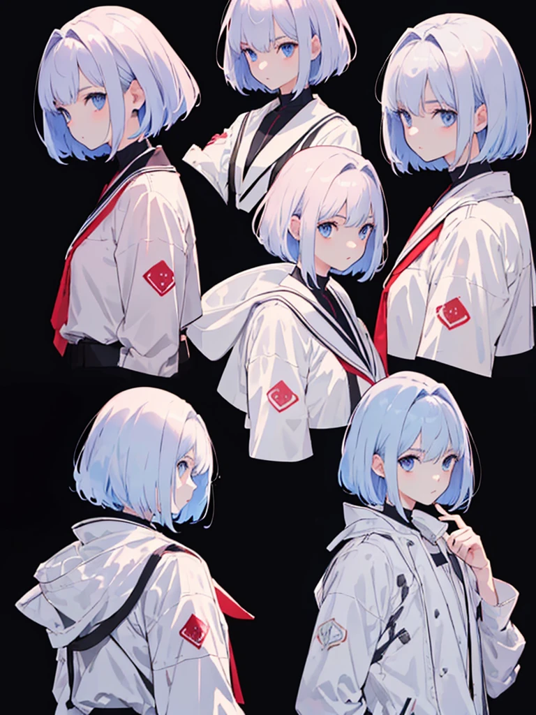 (masterpiece:1.2, highest quality),(Colored Background) (Beautiful detailed eyes: 1.2), (Highly detailed CG Unity 8K wallpaper, masterpiece, highest quality, Super detailed, best shadow), (detailed background), White jacket short hair, ,arms(gauntlet),solo ,pale hair,Pale eyes,1girl, sketch (Character design sheet, same character, full body, Three-View, front, ~ side, return), solo