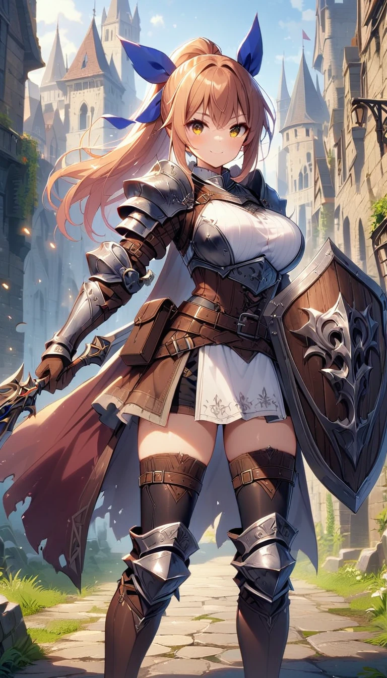 1girl, solo, shield, weapon, thighhighs, polearm, gloves, boots, long-hair, (((Medieval_background))), armor, brown-gloves, ponytail, orange-hair, full-body spear, ribbon, holding, holding-weapon, looking-at-viewer, hair-ribbon, black-thighhighs, brown-footwear, smile, brown-eyes, shirt, yellow-eyes, standing, shorts, knee-pads, blue-ribbon, belt, shoulder-armor, white-shirt, vest, approximate image, ((big boobs) 1.1), perfect face