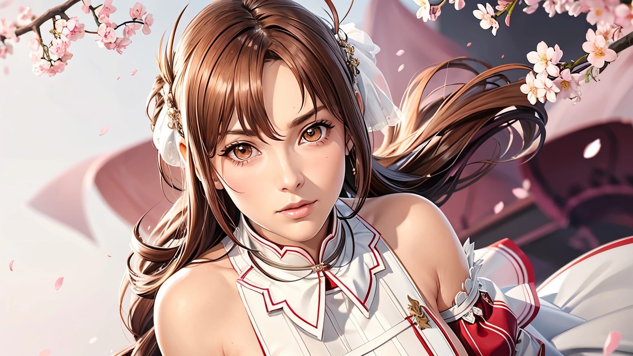(((完美figure,figure,bare shoulders, armor, breastplate, white sleeves, detached sleeves, red skirt, pleated skirt,white thighhighs, (((aaasuna, long hair, brown hair, braid, brown eyes, )))((masterpiece)),high resolution, ((Best quality at best)),masterpiece,quality,Best quality,((( Exquisite facial features,looking at the audience,There is light in the eyes,(Blushing and shyness),))),型figure:1.7))),(((Interlacing of light and shadow,huge boobs))),(((looking into camera,Cherry Blossom Background,flowers,pink background,Cherry Blossoms,Lying in the cherry blossoms,from above,looking down))))