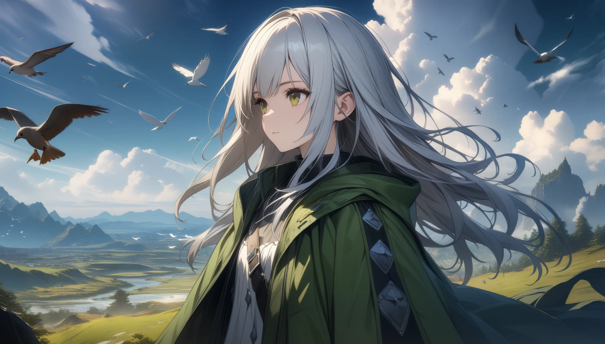 32k, best quality, ultra high res, HDR, UHD, extremely detailed CG, unity 32k wallpaper, highest quality, very detailed, masterpiece, Super detailed, cloud, witch_have, have, 1 girl, null, green_null,Day, length_hair, cloudy_null, moon,bird, alone, Silver_hair, witch, outdoor,