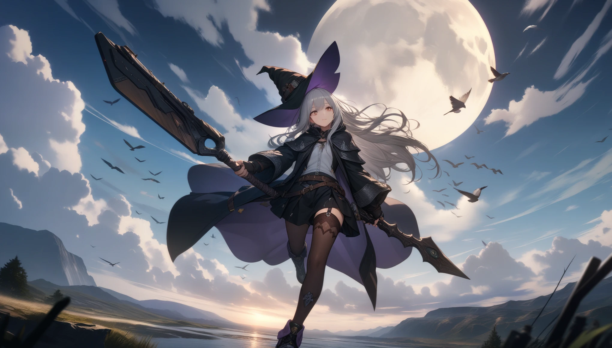 32k, best quality, ultra high res, HDR, UHD, extremely detailed CG, unity 32k wallpaper, highest quality, very detailed, masterpiece, Super detailed, cloud, witch_have, have, 1 girl, null, green_null,Day, length_hair, cloudy_null, moon,bird, alone, Silver_hair, witch, outdoor,