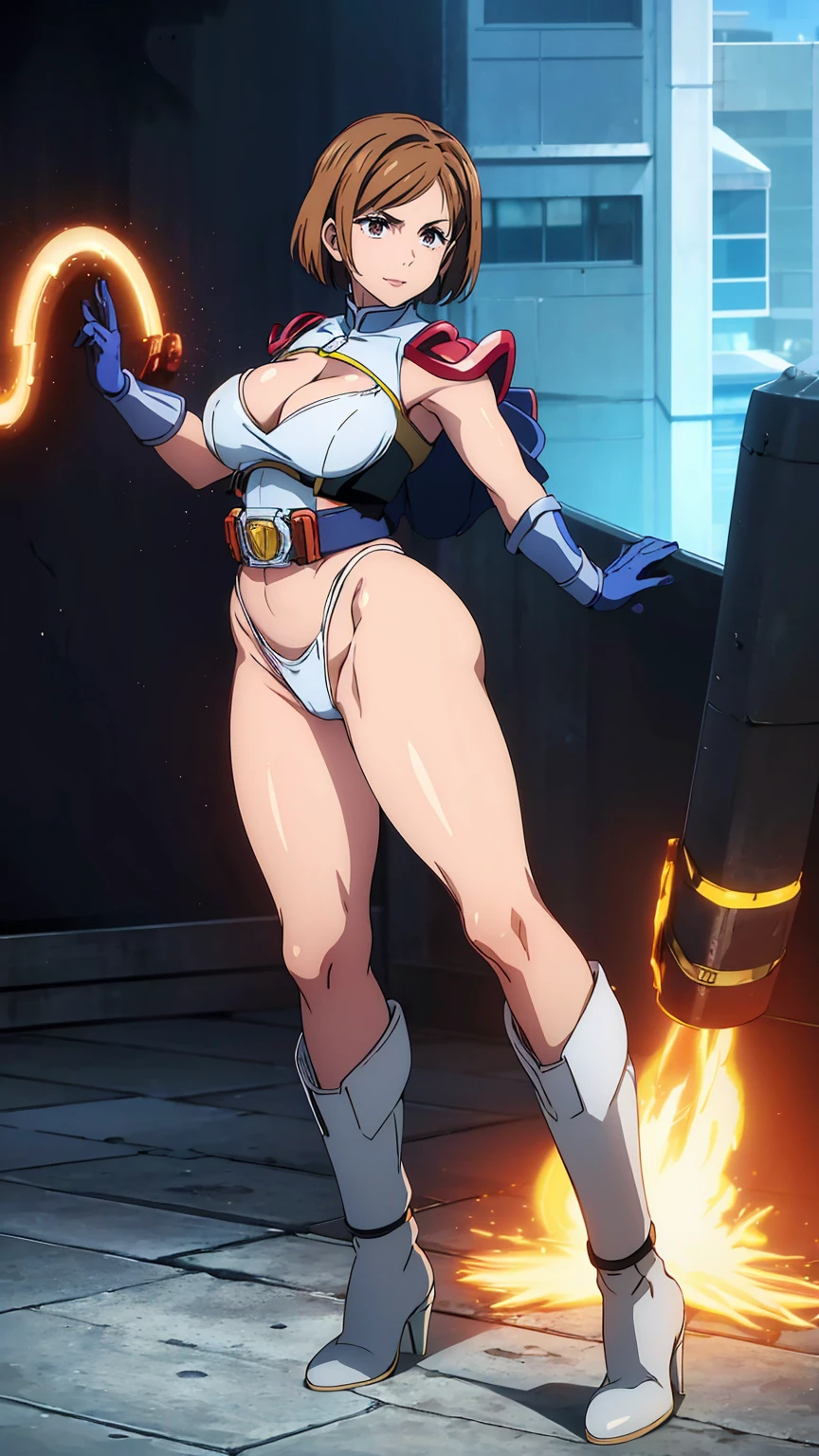 A woman wearing a Power Girl style Kamen Rider Majid costume、26 years old、Beautiful bare legs、big breasts、big ass、brown hair、Outside honey medium bob hair、High resolution、8K、dull smile、erotic、beautiful feet、white micro bikini armor、shoulder metal armor、blue metal boots、Red Mantle、blue gloves、T-back、Wedgie、pussy、Height: 170cm、Movie-like goddess body shot,unreal engine characters、Transformation Belt Alchemy Driver