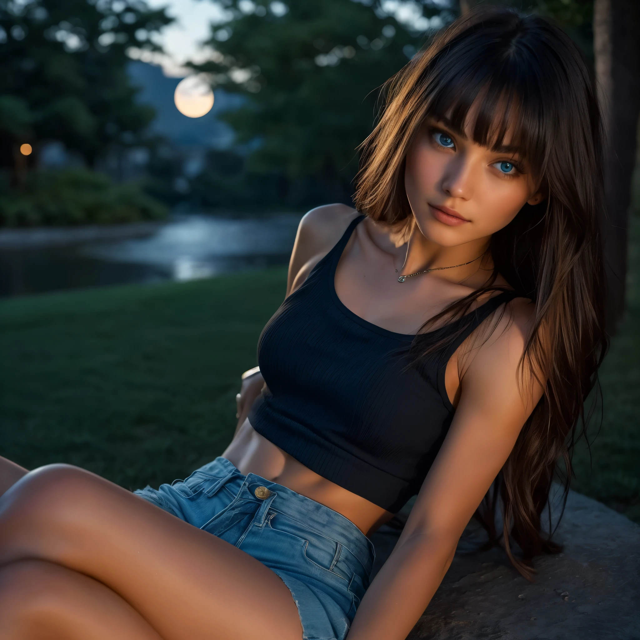 A masterpiece of an image, a girl with long waist-length hair cascading down her shoulders, sitting on the edge of the park at night. The sharp blue eyes of hers, illuminated by the moonlight, gazing intently at the viewer. Her simple bangs framing her face perfectly, adding to her enchanting allure. She is wearing a tank top, revealing a hint of her toned abs, and shorts that blend seamlessly with the dark night. The image, rendered in 4K, showcases every minute detail, from the textured strands of her hair to the intricate pores on her flawless skin. Every element of this photograph exudes a profound sense of real