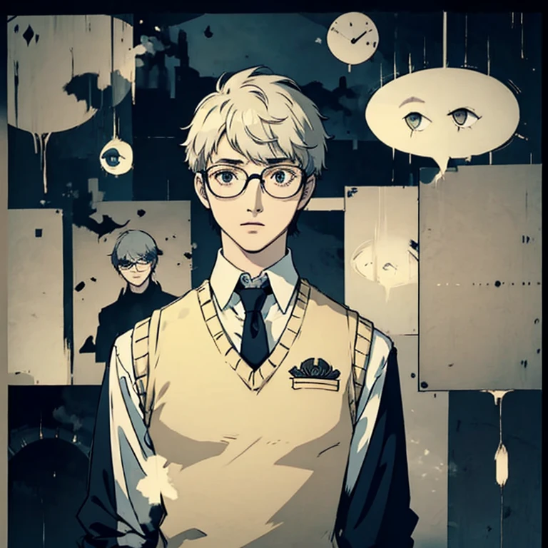 ((Human Male Young ager)) , white Messy hair , wearing  Glasses ,Tie , ((wearing sweater vest)) Tired eyes ,((solo )),Police officer ,  Clocks In the background ,