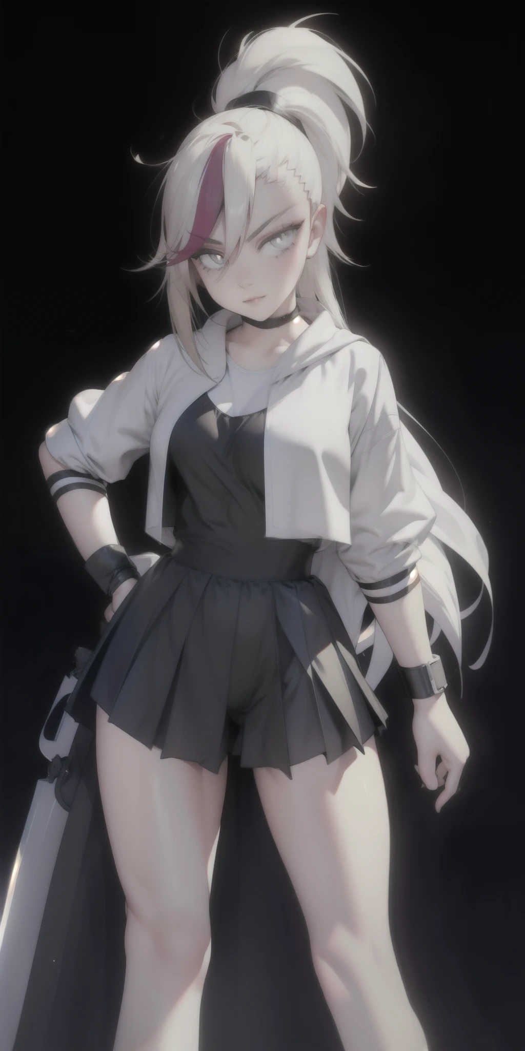 1 person, gorgeous girl, simple Kunoichi suit, holding a giant sword on her shoulder, ultra long hair ponytail, ultra detailed hair, ultra detailed face, long eyelashes, glowing blue eyes, glowing lips, she is holding a giant katana on her shoulder, she's is standing,