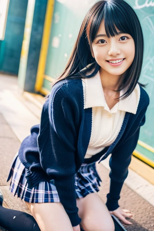 Close-up of a woman posing for a photo,  japanese model model, 16 year old female model,  4k、bangs、black haired、beaver、middle hair、straight hair、(crew , wool cardigan, Navy Check Pleated Skirt:1.2),　(Super cute face with idol style:1.2)、school classroom、slim and beautiful body、beautiful breasts、laughter、Full body Esbian、school classroom美しい脚、sexy pose、knee high socks、white sneakers、