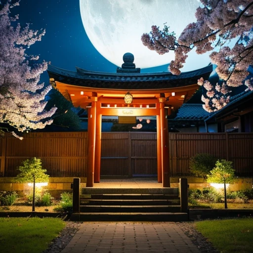 ((Safe at Work)), (Raw photo:1.2, Ultra high definition, High resolution, professional photos, 8k), (Nikon, ISO:50, focal distance:35mm, Aperture:5.6, shutter speed:1/125, Multi-metering pattern), perfect dynamic composition, cherry blossoms, night sky, moon, starry sky, Shrine precincts,