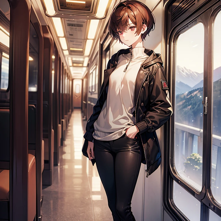 masterpiece、delicate details、On a city train、headphone、Slender beauty、tall、slim、I like the style、small breasts、Sharp Eyes、older sister、pixie cut、long side、short nape、Oversized zip-up mountain parka、Tight skinny pants、Thick-soled boots、Reddish brown hair、