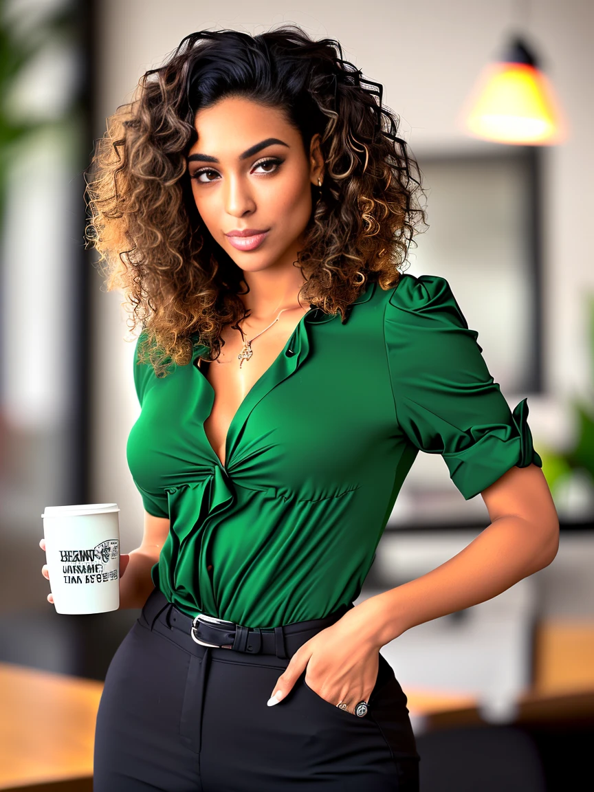 Face portrait of a woman with long dark brown curly hair with golden highlights, dark skin and detailed seductive green eyes, wearing social blouse, professional dress, doing fitness, drinking coffee with blurred background, going to work, running, best quality masterpiece, photorealistic, detailed, 8k, HDR, shallow depth of field, wide light, high contrast, backlighting, bloom, light glows, chromatic aberration, sharp focus, RAW color photo