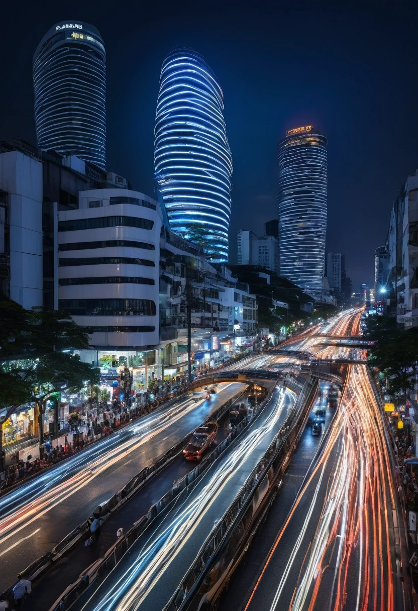 view of a futuristic building with a curved roof, zaha hadid style architecture, zaha hadid architecture, in style of zaha hadid architect, inspired by Zaha Hadid, by Zaha Hadid, architecture zaha hadid, portal, a few cars are driving down a busy city street at night, busy cityscape, busy city, busy city on background, traffic with light trails, bustling city, busy streets, bangkok, in busy city, busy street, high quality image, bangkok townsquare, thailand, long exposure outside the city, busy wet street at night, photography shot at blue hour, charging through city