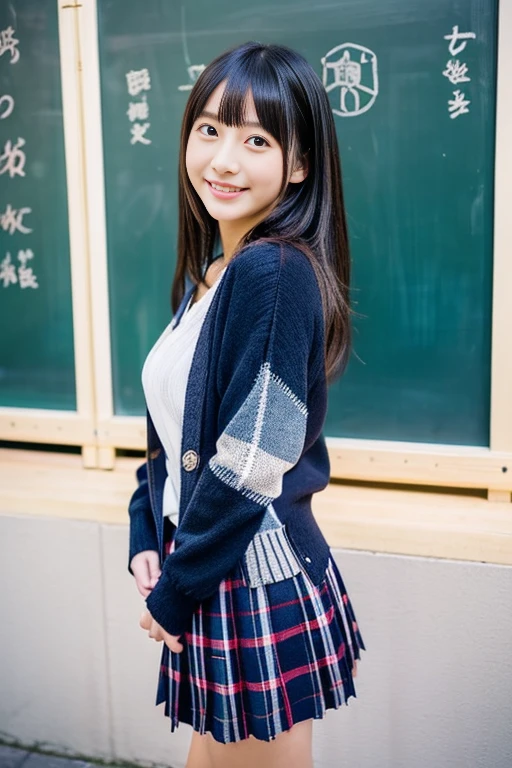Close-up of a woman posing for a photo,  japanese model model, 16 year old female model,  4k、bangs、black haired、beaver、middle hair、straight hair、(crew , wool cardigan, Navy Check Pleated Skirt:1.2),　(Super cute face with idol style:1.2)、school classroom、slim and beautiful body、beautiful breasts、laughter、Full body Esbian、school classroom美しい脚、sexy pose、knee high socks、white sneakers、