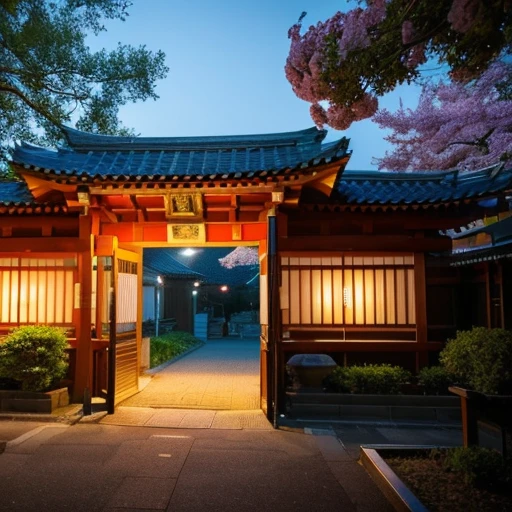 ((Safe at Work)), (Raw photo:1.4, Ultra high definition, High resolution, professional photos, 8k), (Nikon, ISO:50, focal distance:35mm, Aperture:5.6, shutter speed:1/125, Multi-metering pattern), perfect dynamic composition, cherry blossoms, night sky, moon, starry sky, Shrine precincts,