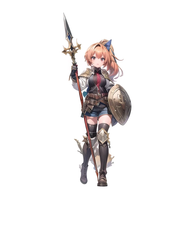 1girl, solo, shield, weapon, thighhighs, polearm, gloves, boots, long-hair, (((Medieval_background))), armor, brown-gloves, ponytail, orange-hair, full-body spear, ribbon, holding, holding-weapon, looking-at-viewer, hair-ribbon, black-thighhighs, brown-footwear, smile, brown-eyes, shirt, yellow-eyes, standing, shorts, knee-pads, blue-ribbon, belt, shoulder-armor, white-shirt, vest, approximate image, ((big boobs) 1.1), perfect face