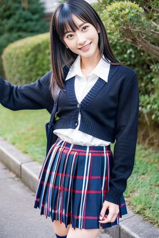 Close-up of a woman posing for a photo, japanese model model, 16 year old female model, 4k、bangs、black haired、beaver、middle hair、straight hair、(crew , wool cardigan, Navy Check Pleated Skirt:1.2), (Super cute face with idol style:1.2)、school classroom、slim and beautiful body、beautiful breasts、laughter、Full body Esbian、school classroom美しい脚、sexy pose、knee high socks、white sneakers、