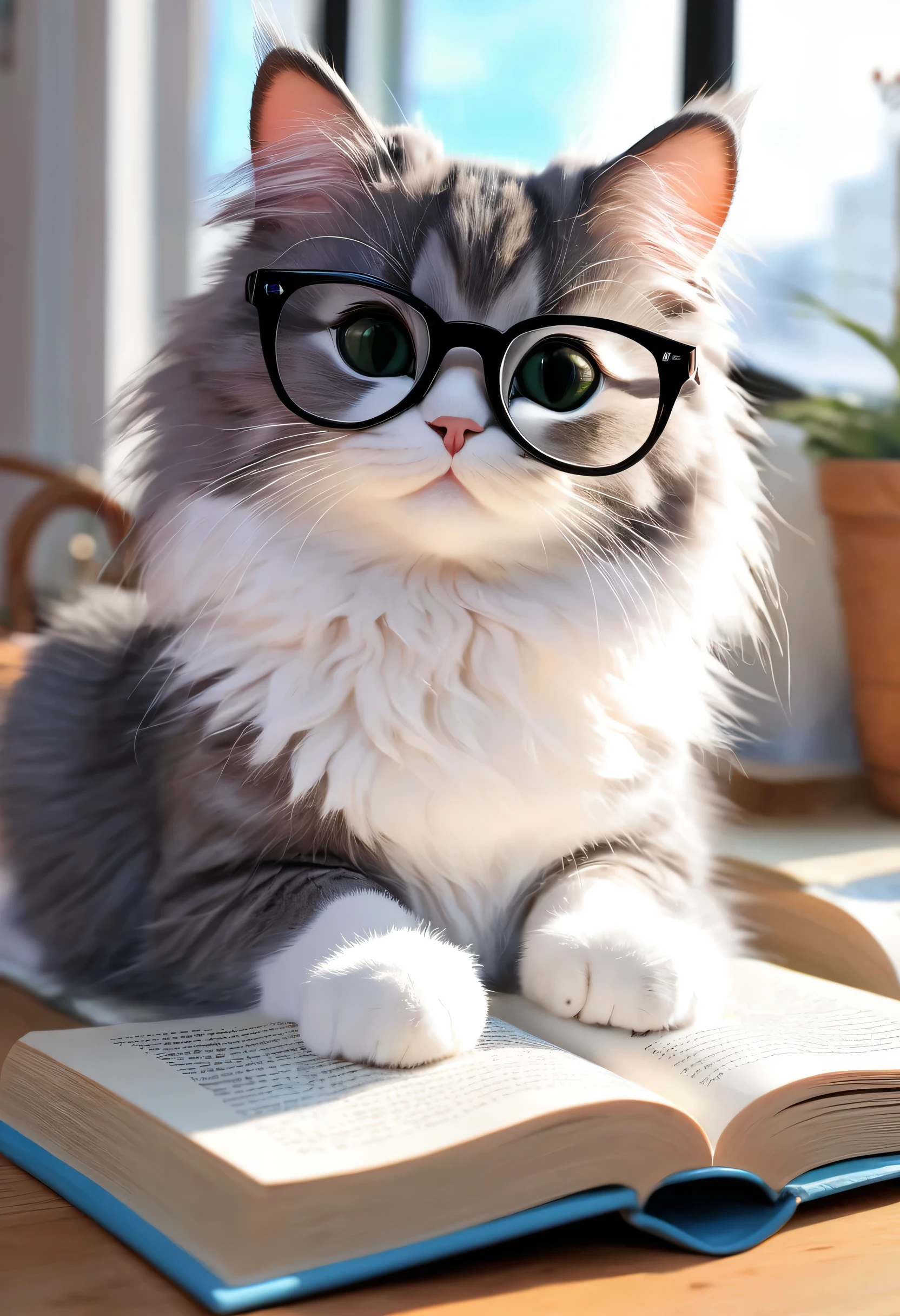 A cat with glasses sits on a book, Animation illustrations by Li Mei-shu, Pixiv Contest Winners, Furry Art, realistic anime cat, Cute cat anime visual, adorable digital paintings, anime cat, cute detailed digital art, cute digital art, Intelligent cat, Cute detailed artwork, Digital art on pixiv, Sora the Cat