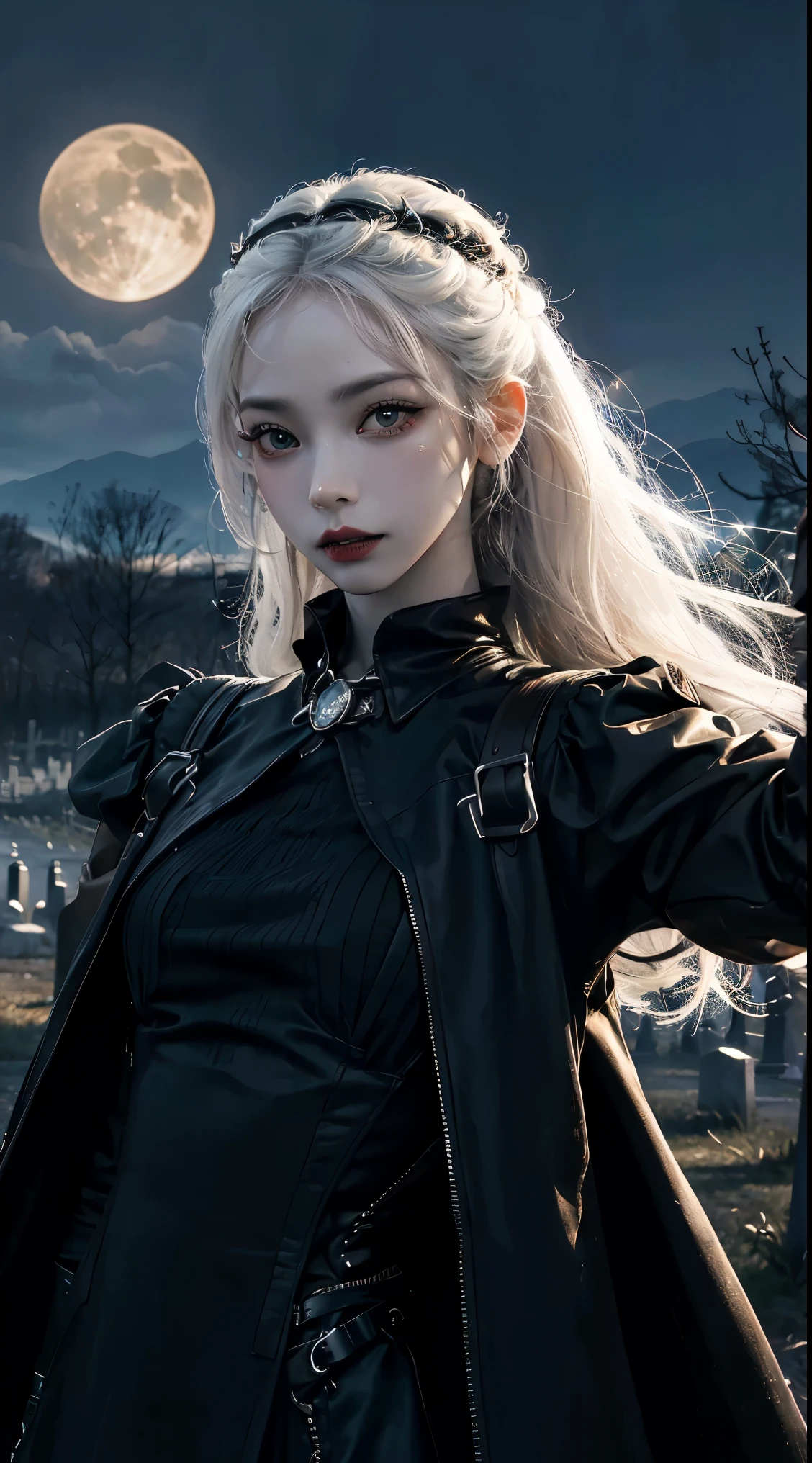 (best quality,4k,8k,Altas,master part:1.2),ultra-detalhado,(Realistic,fotorrealista,photo-realistic:1.37),Goth vampire girl standing in a cemetery at night, with big wings, detailed beutyfull eyes, long eyelashes,pale skin, white hair, long dark dresd, Moonlight scenery,gothic architecture,Shadows Dramatic, mistery ,nevoeiro sutil,Ambiente escuro e sinistro,beleza assombrosa,vivid colors,Gloomy Illumination,atmospheric portrait,emotional expression,Estilo inspirado em Tim Burton