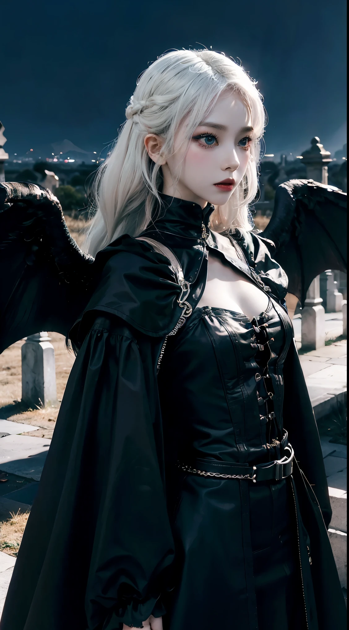(best quality,4k,8k,Altas,master part:1.2),ultra-detalhado,(Realistic,fotorrealista,photo-realistic:1.37),Goth vampire girl standing in a cemetery at night, with big wings, detailed beutyfull eyes, long eyelashes,pale skin, white hair, long dark dresd, Moonlight scenery,gothic architecture,Shadows Dramatic, mistery ,nevoeiro sutil,Ambiente escuro e sinistro,beleza assombrosa,vivid colors,Gloomy Illumination,atmospheric portrait,emotional expression,Estilo inspirado em Tim Burton