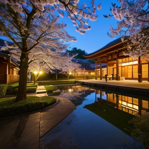 ((Safe at Work)), (Raw photo:1.5, Ultra high definition, High resolution, professional photos, 8k), (Nikon, ISO:50, focal distance:35mm, Aperture:5.6, shutter speed:1/125, Multi-metering pattern), perfect dynamic composition, cherry blossoms, night sky, moon, starry sky, Shrine precincts,