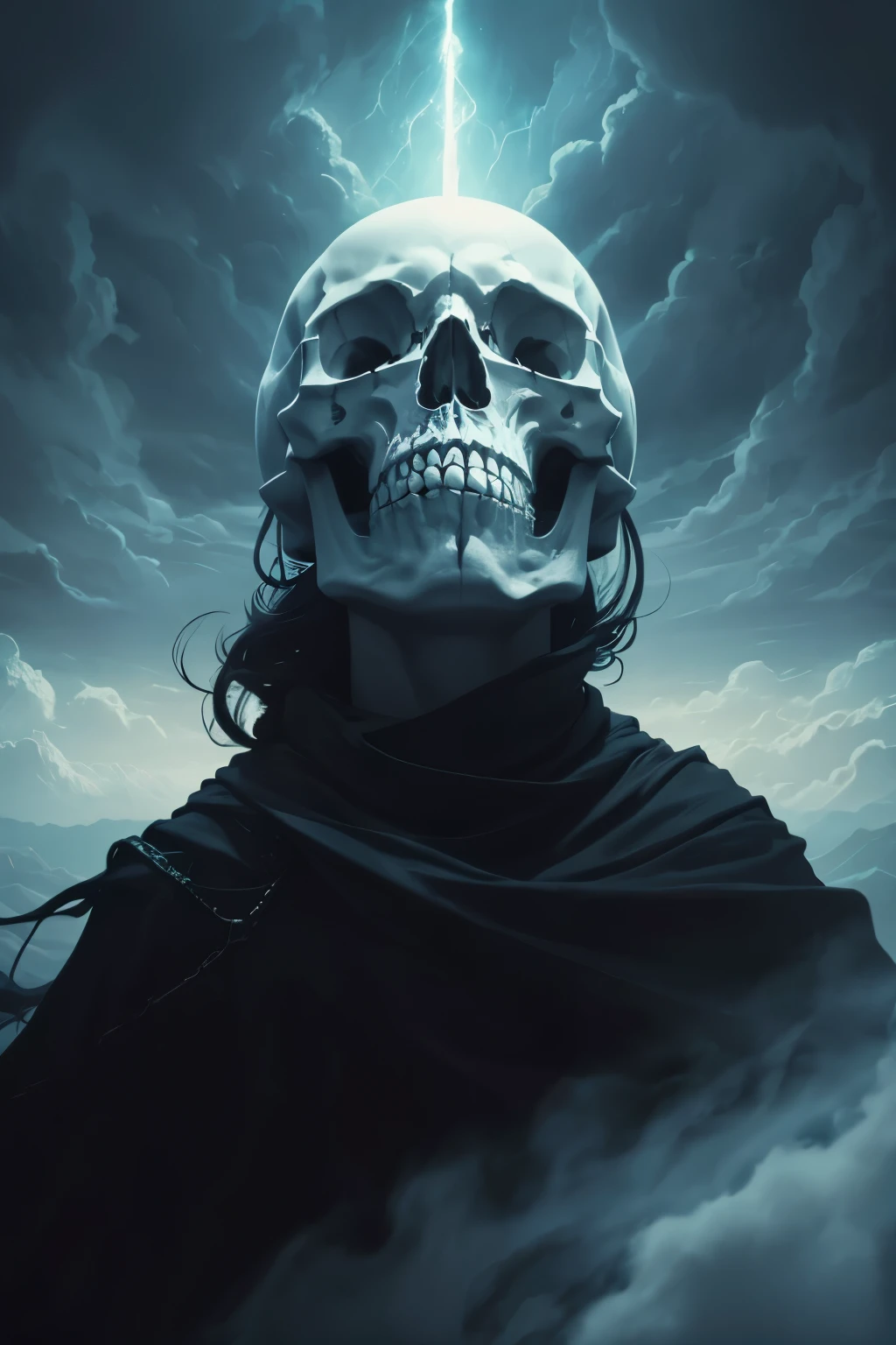 In the surreal expanse of the clouded sky, a floating skull comes into view. Its hollow, bone-white eyes gaze out into the endless abyss, as if searching for an elusive answer. Dazzling, crimson-tipped daggers protrude from its eye sockets, casting ominous shadows on the ever-changing, cotton-candy clouds below. The skull's chiseled features are accentuated by the ethereal lighting, creating an otherworldly aura that captivates the observer. The scene is painted in vivid hues, where dreams and darkness intertwine, leaving one's imagination to run wild.
