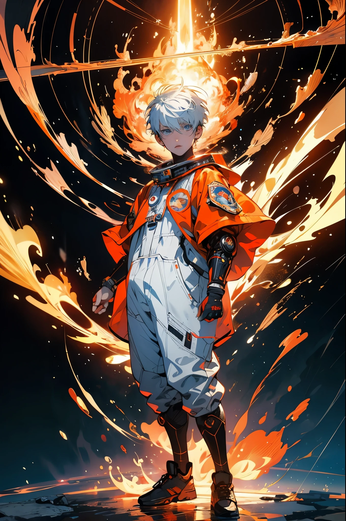 teen boy, buzz cut hair, short hair, full body shot, ring of fire, standing pose, Indian art, spacesuit, astronaut, handsome face, big eyes, Transition the state mode, Extreme instincts, An epic anime about energy people, Fire, Anime epic artwork, Comics 8K wallpapers, Detailed digital anime art, advanced digital anime art, Detailed anime artwork, 8K badass anime, plain white background