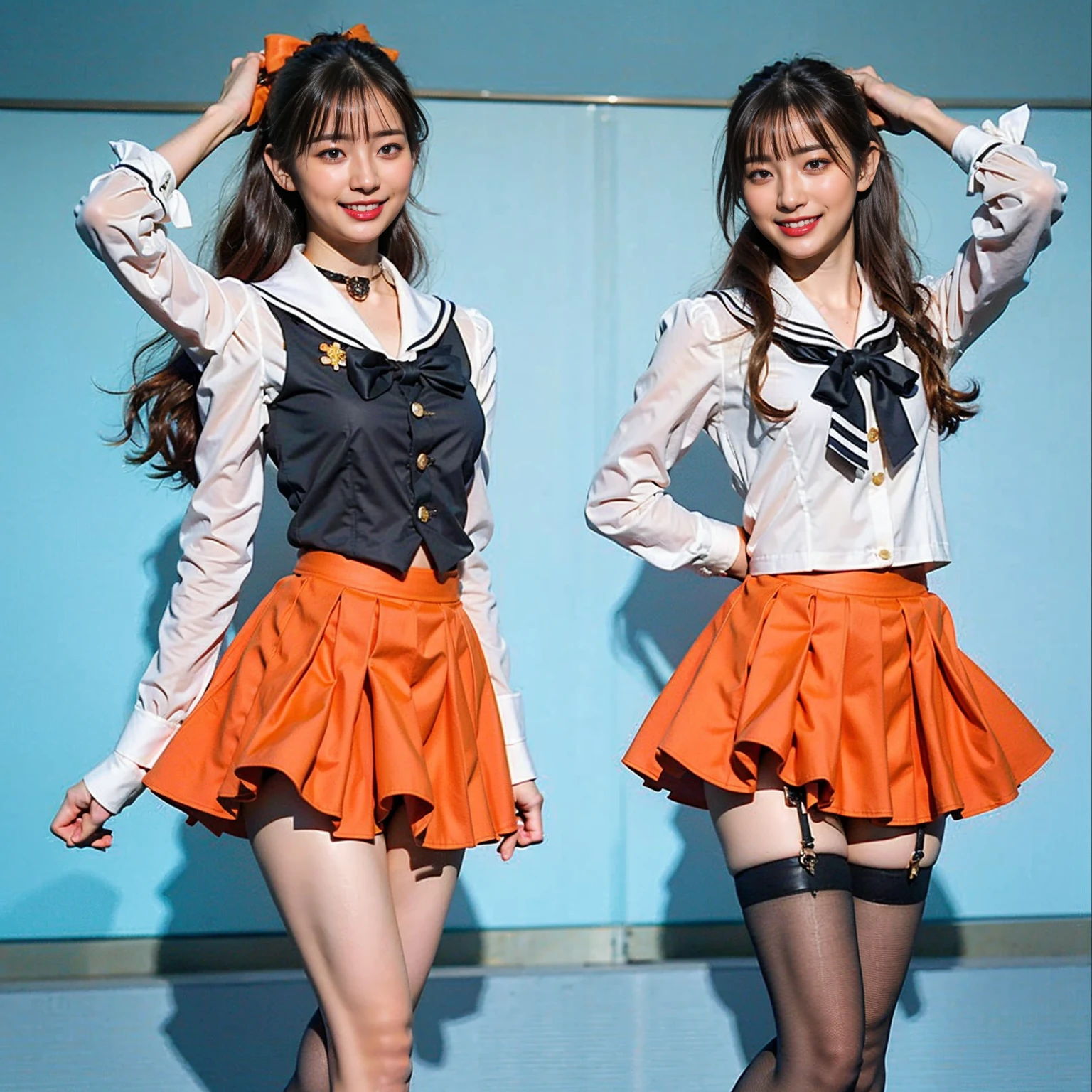 sailor venus, aino minako, 1girl, solo, long hair, breasts, looking at viewer, blush, bangs, skirt, blonde hair, shirt, thighhighs, gloves, bow, jewelry, white shirt, hair bow, cowboy shot, pleated skirt, parted lips, choker, elbow gloves, white gloves, miniskirt, armpits, sailor collar, arms up, white thighhighs, leotard, zettai ryouiki, orange eyes, skindentation, magical girl, black background, brooch, circlet, orange bow, back bow, orange skirt, sailor senshi uniform, orange choker, orange sailor collar