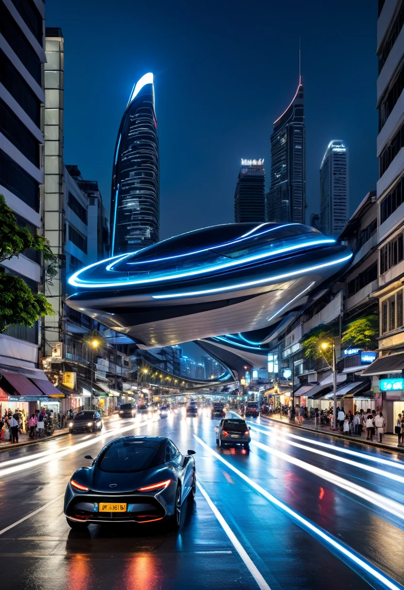 view of a futuristic building with a curved roof, zaha hadid style architecture, zaha hadid architecture, in style of zaha hadid architect, inspired by Zaha Hadid, by Zaha Hadid, architecture zaha hadid, portal, a few cars are driving down a busy city street at night, busy cityscape, busy city, busy city on background, traffic with light trails, bustling city, busy streets, bangkok, in busy city, busy street, high quality image, bangkok townsquare, thailand, long exposure outside the city, busy wet street at night, photography shot at blue hour, charging through city