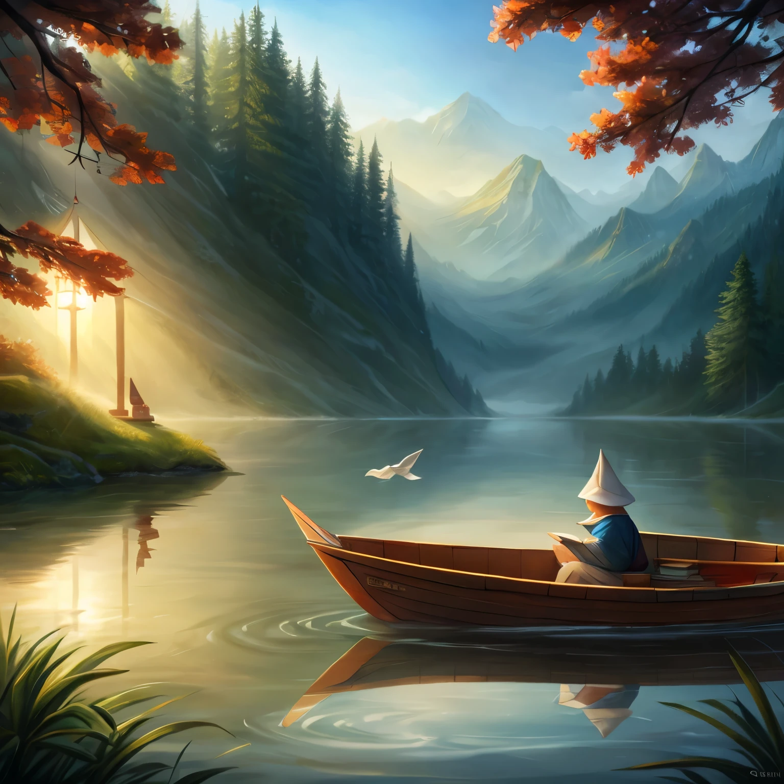 Little paper boat floating on a misty lake, on a cold morning, in the boat a  read a book. Magical environment, translucent high resolution, very detailed image