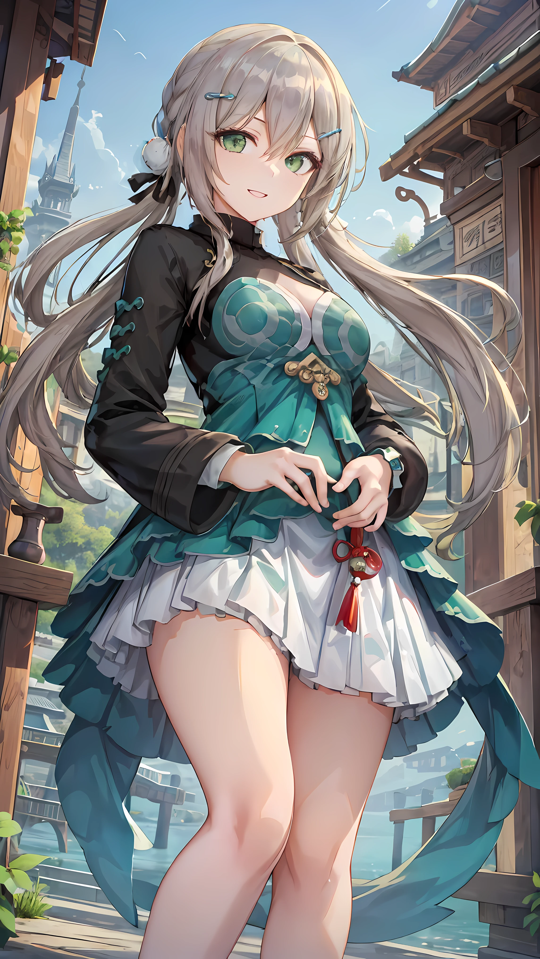 ((masterpiece,highest quality)), Super detailed, shine, shine light, ray tracing, (perfect face, detailed face, fine eyes,perfect hands:1.2), hd, super cute face,ray tracing,perfect lighting,highest quality, Super detailed, shine eyes,, 1 girl, , formal, green eyes, smile,, feet, sexy,  (((angle from below))),, chinese style building , ancient town , lake, bridge, quiet atmosphere, (complex background, highly detailed background, There are many elements in the background:1.2), ((Super detailed background)), ((8K wallpaper)), colorful background,
