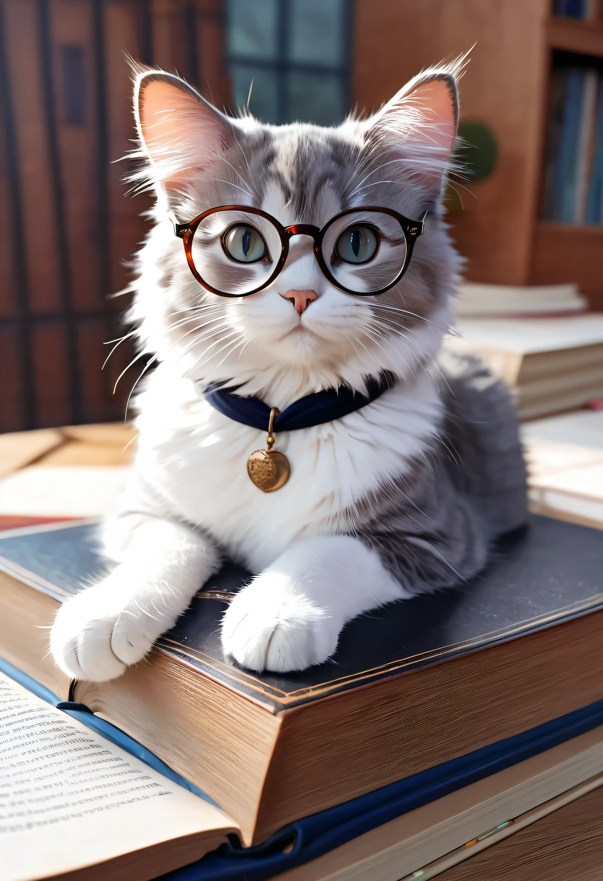 A cat with glasses sits on a book, Animation illustrations by Li Mei-shu, Pixiv Contest Winners, Furry Art, realistic anime cat, Cute cat anime visual, adorable digital paintings, anime cat, cute detailed digital art, cute digital art, Intelligent cat, Cute detailed artwork, Digital art on pixiv, Sora the Cat