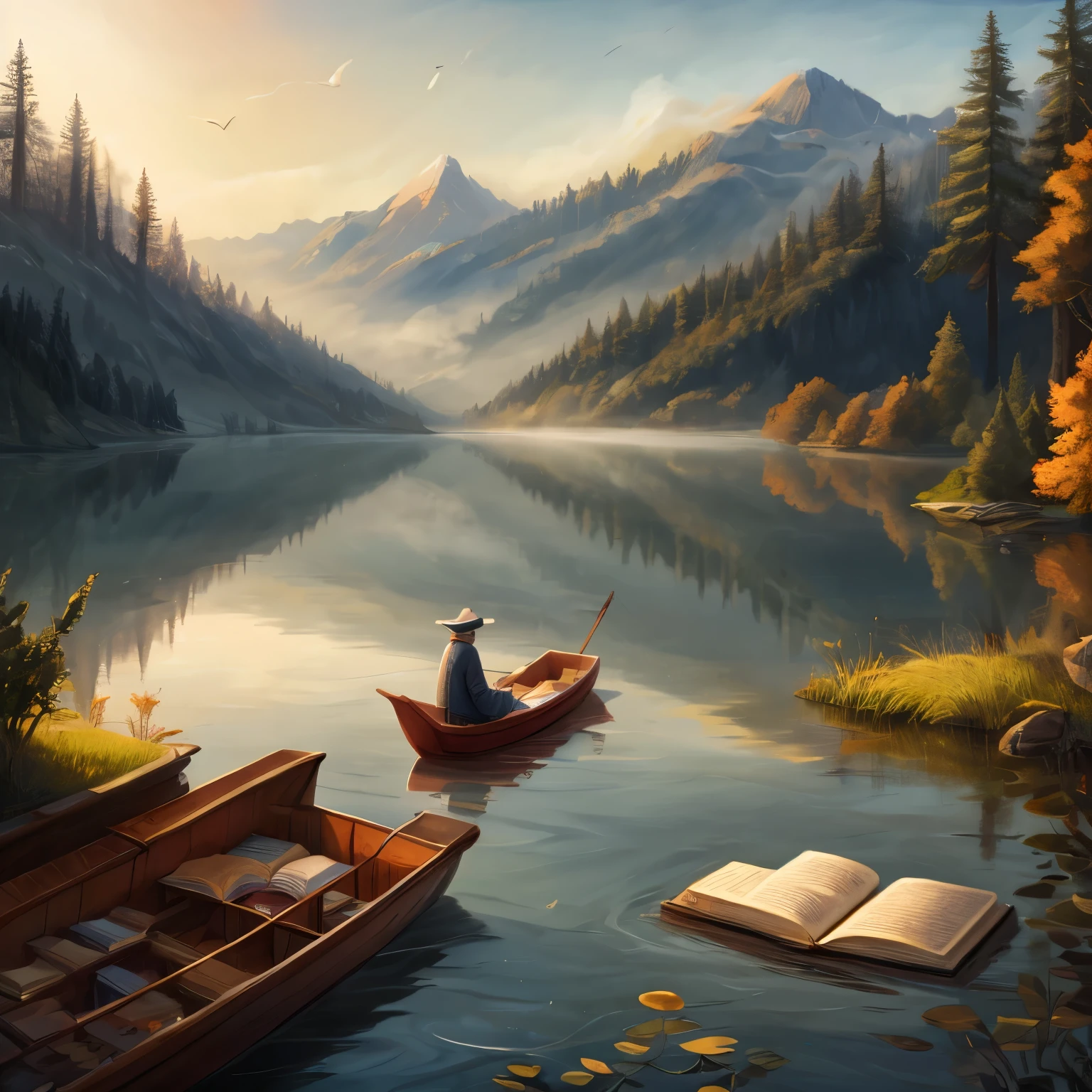 Little paper boat floating on a misty lake, on a cold morning, in the boat a  read a book. Magical environment, translucent high resolution, very detailed image