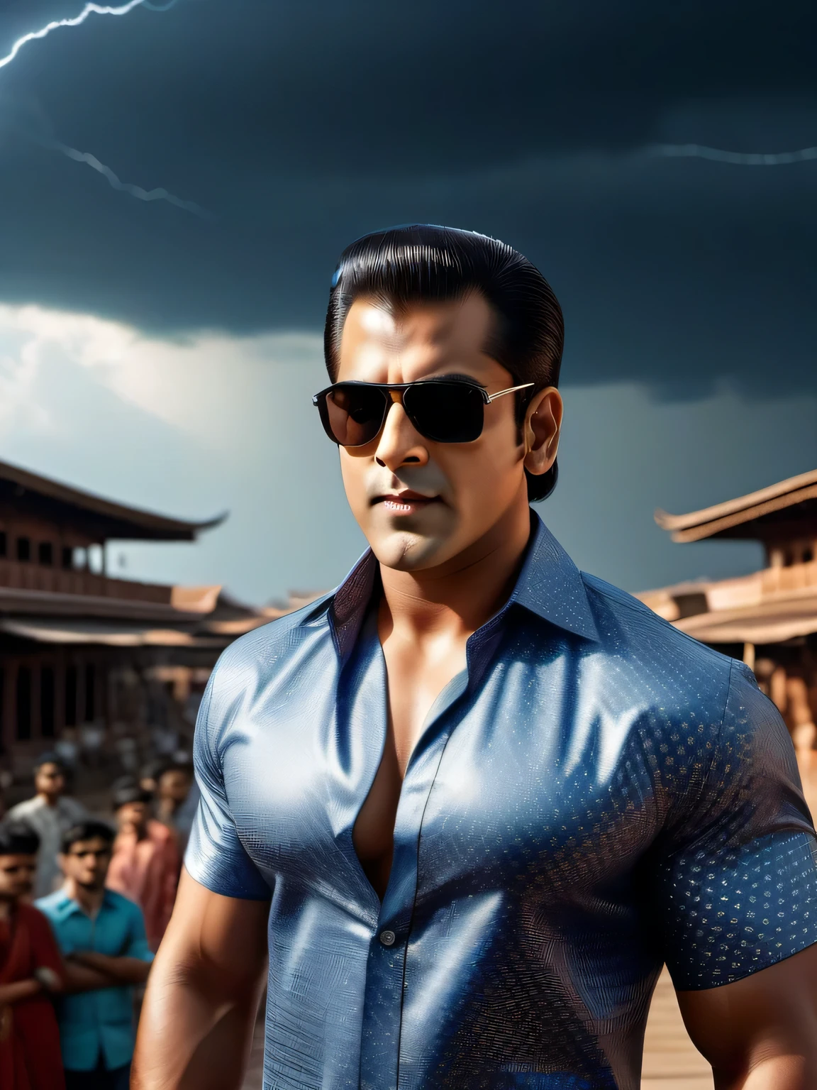 ((Salman Khan)) cinematic photo woodblock print, masterpiece Isometric 3D of a surreal, [Charismatic|Feline] flyweight Venetian Boy, Producing a movie, Handkerchief, Sunglasses, Thunderstorm, equirectangular 360, Ultra Detailed, waning light, Film Washi, lots of details . 35mm photograph, film, bokeh, professional, 4k, highly detailed
