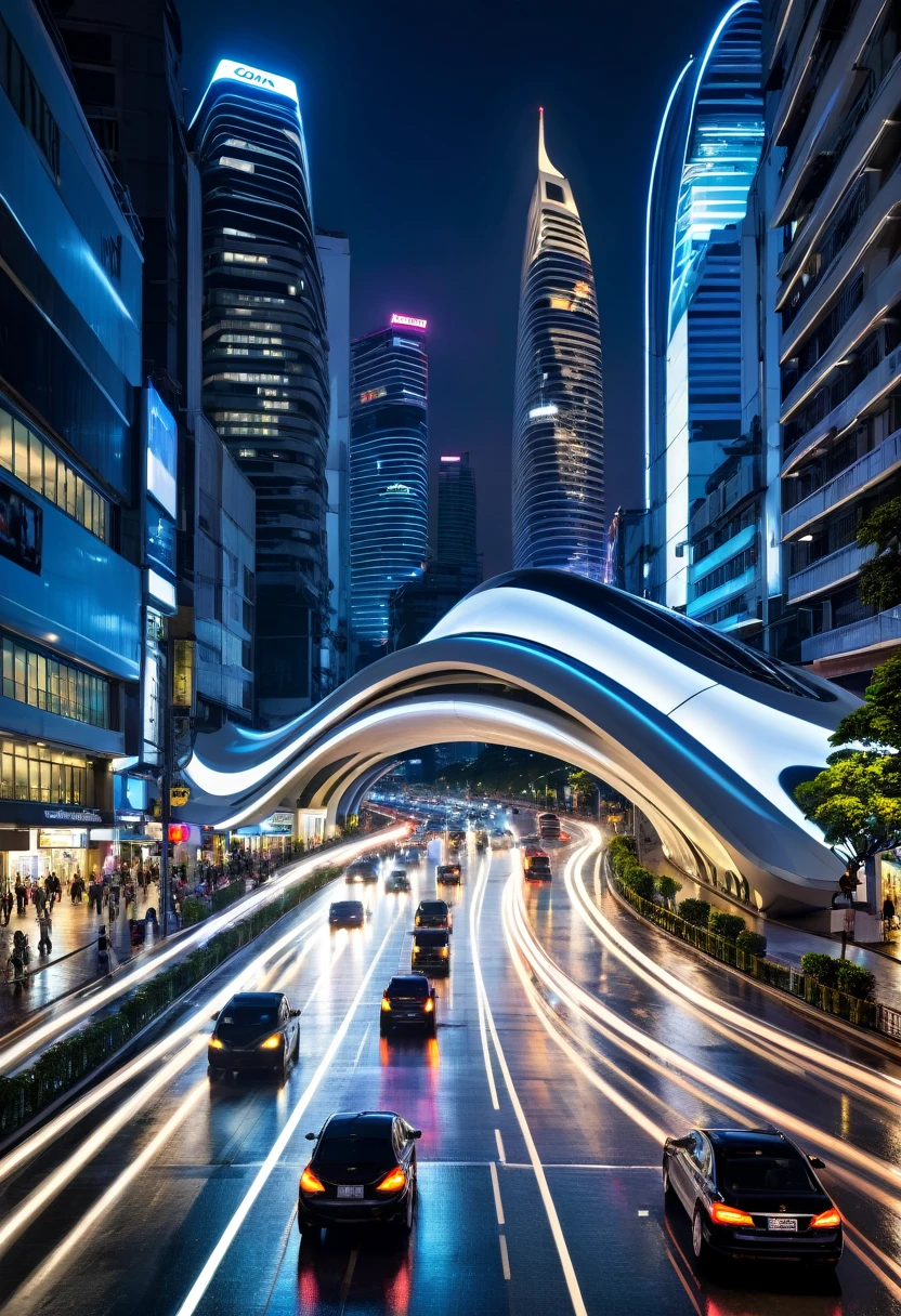 view of a futuristic building with a curved roof, zaha hadid style architecture, zaha hadid architecture, in style of zaha hadid architect, inspired by Zaha Hadid, by Zaha Hadid, architecture zaha hadid, portal, a few cars are driving down a busy city street at night, busy cityscape, busy city, busy city on background, traffic with light trails, bustling city, busy streets, bangkok, in busy city, busy street, high quality image, bangkok townsquare, thailand, long exposure outside the city, busy wet street at night, photography shot at blue hour, charging through city