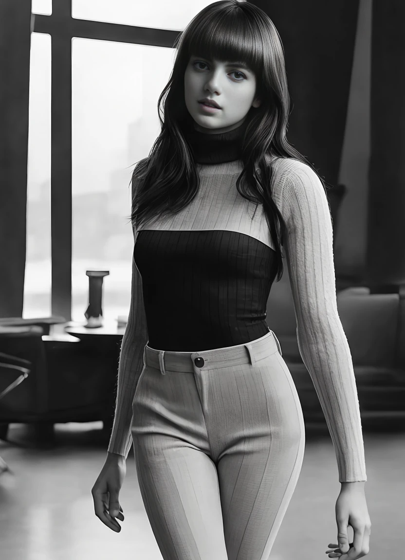 paparazzi shot of SCANTILY CLAD LISA , RAW portrait photo of beautiful young sks woman, Turtleneck bodysuit and high-waisted trousers, natural lighting, by Peter Lindbergh, detailed face, UHD, absurdres, epic scene composition,
cinematic look, Fujifilm XT3, dslr, high quality, film grain