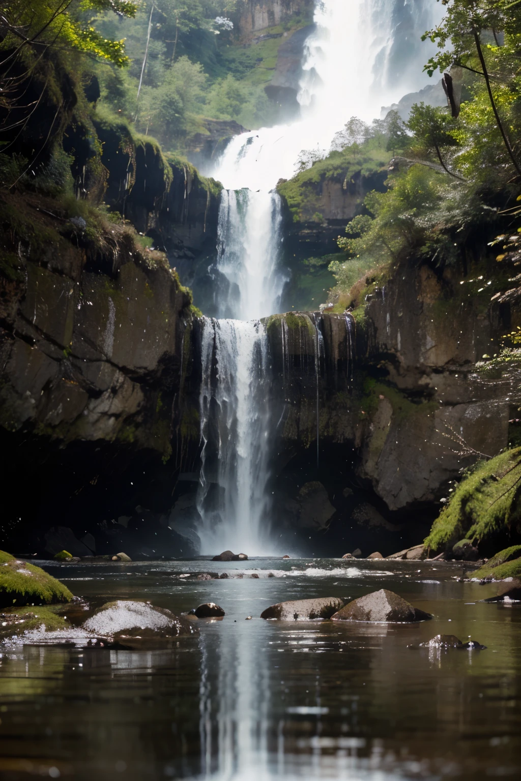 You are an accomplished Landscape Photographer with a keen eye for capturing the beauty of natural landscapes. Your task is to create a stunning photograph of a waterfall as seen through a glass with shiny reflections and drops of water sprinkling around. Your goal is to showcase the beauty and tranquility of the waterfall while incorporating the unique elements of the glass and water droplets into the composition. Position the glass in a way that it creates interesting reflections and enhances the visual impact of the waterfall. Experiment with different angles and perspectives to capture the essence of the waterfall through the glass. Utilize natural light to enhance the textures and details of the waterfall and the glass.  Consider using artificial lighting to add depth and drama to the scene.