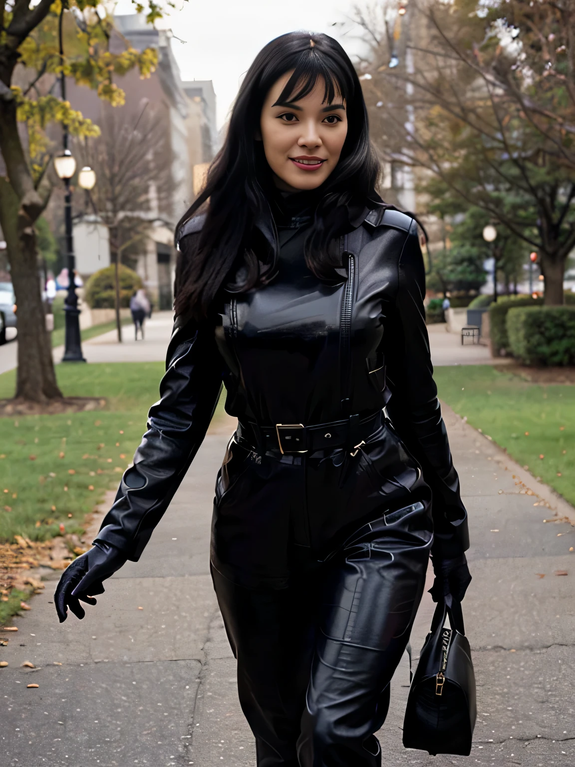 smiling Bettie Page  walking in the park. Close photo. Long black hair. ((Wearing maxy Black coat)) ((Black leather gloves)), trousers and pulover. handbag over her shoulders,Winter. Perfect slim body anatomy. Photorealistic. Realistic colors. Realistic lights. Masterpiece. Realistic anatomy. Highly detailed. Realistic details. High quality.