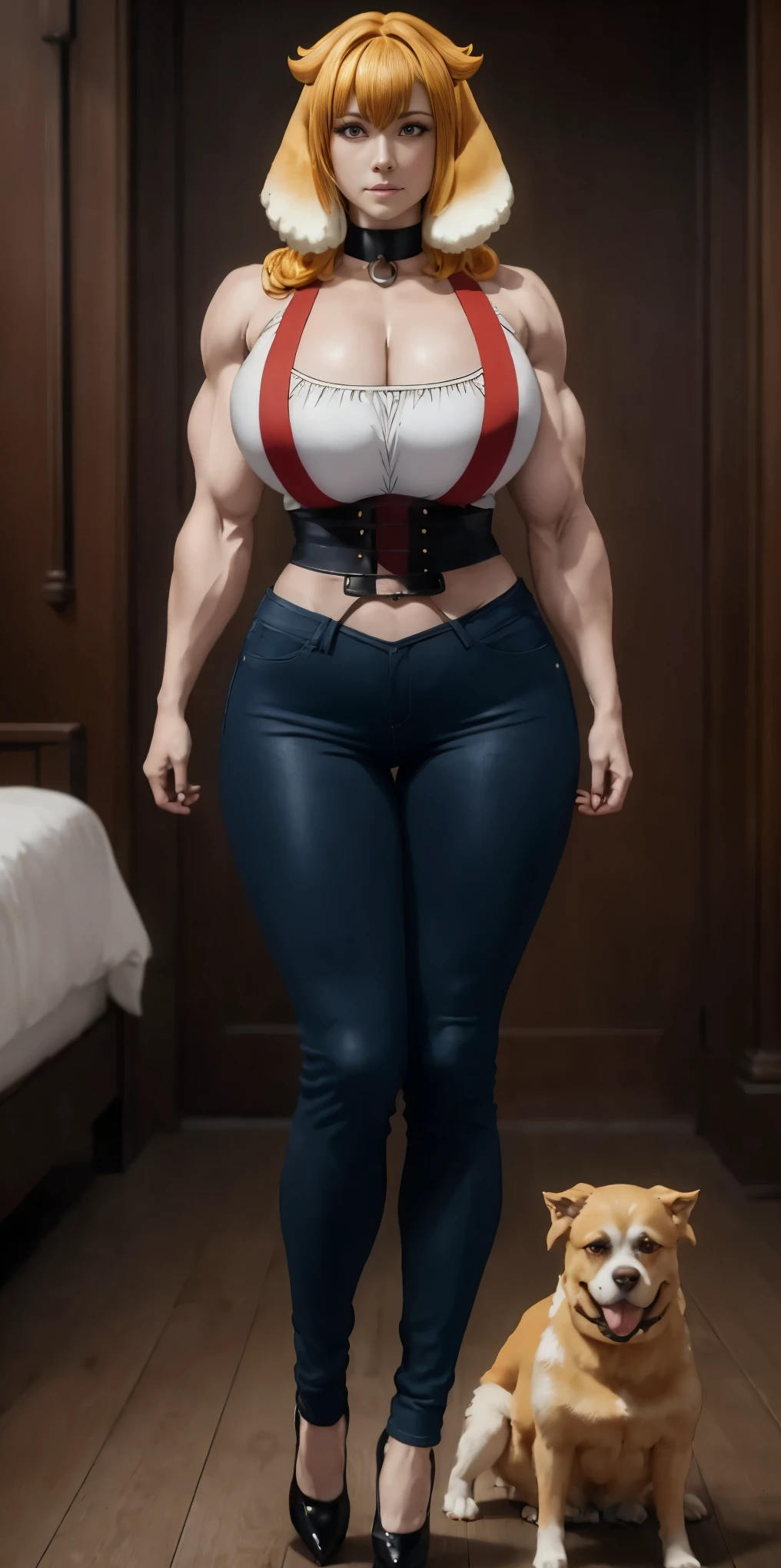 Masterpiece, burly woman, exaggerated large muscles, skinny pants, high-heels, standing on your feet, beautiful attractive face, full body like, single female, very fair skin, thin waist, very broad shoulders, strong and powerful arms, stout arms, strong and powerful leg muscles, looking to the camera, dog ears, fluffy dog ears